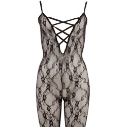 Catsuit aus weicher Spitze mit Stretchband-Dekolleté in Schnüroptik