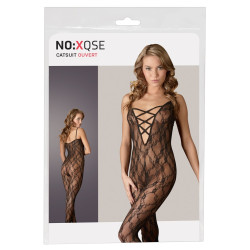 Catsuit aus weicher Spitze mit Stretchband-Dekolleté in Schnüroptik