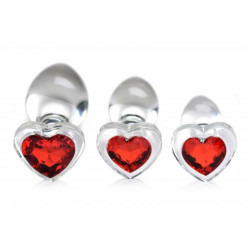Red Heart - 3er Set Analplugs, aus Glas mit Schmuckstein