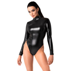 Langarm-Body im Powerwetlook - Noir